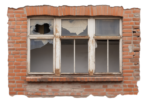 Old brick wall with broken window panes and peeling paint