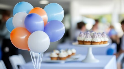 In a lively and cheerful setting, colorful balloons accompany a stand of cupcakes topped with lavender swirls, offering a treat-filled focal point at the event.