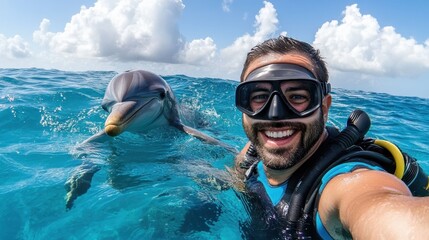 A smiling diver captures a delightful selfie with a playful dolphin in the crystal-clear ocean, showcasing the beautiful bond and joy between humans and marine life.