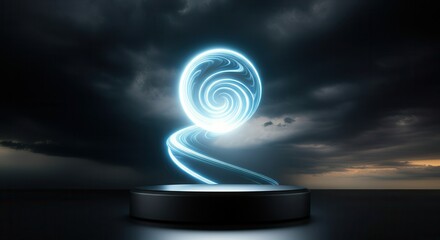 Futuristic blue neon swirl hologram on dark platform