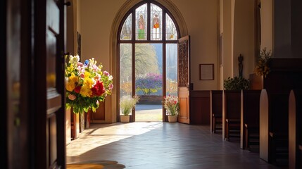 Easter sunday church entrance decorated with vibrant spring flowers