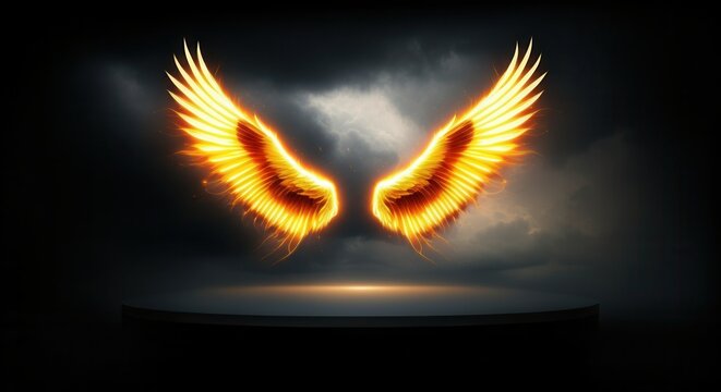 Fiery wings emblem glowing in dramatic darkness - Powered by Adobe