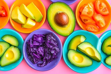 A flat lay featuring fresh avocado and cabbage displayed in a pattern on a pink background