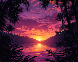 Fototapeta premium A dramatic tropical sunset with rich purples and deep blues, offering a peaceful yet vibrant evening sky