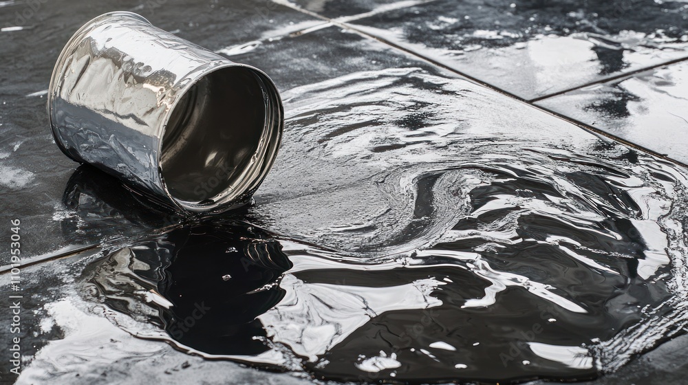 Poster a spilled metallic paint can creating a reflective pool on a tiled surface.