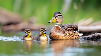 Obraz premium A mother duck guides her ducklings across a tranquil pond, portraying a heartwarming moment of family and togetherness amidst lush, vibrant greenery surrounding the water.