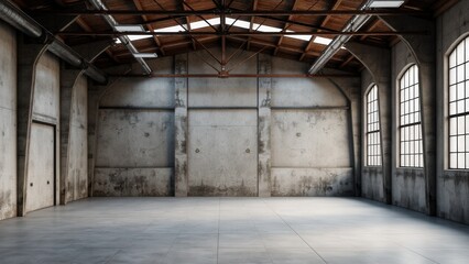 Open-area industrial warehouse mockup with clean textured walls
