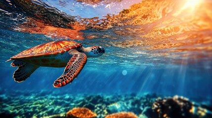 animals reptiles migration Concept. A serene underwater scene featuring a sea turtle gracefully swimming through vibrant waters illuminated by sunlight.