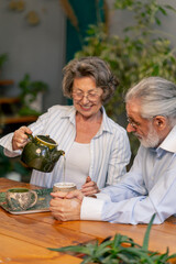 home happy old age elderly couple pleasant memories leisure in old age wife brings tea for her husband sitting at the table care in old age pours tea into cups