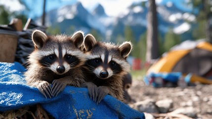 A pair of raccoons rest on a blue bag in the midst of a campsite, surrounded by serene woodland scenery, expressing relaxation and natural curiosity.