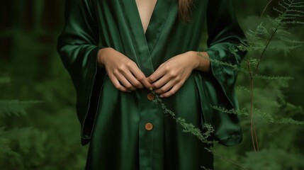 Naklejka premium Emerald silk robe with wooden buttons in a forest setting