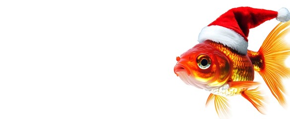 A goldfish wearing christmas santa hat banner white background	
