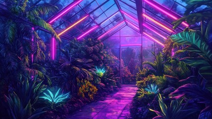 A vibrant greenhouse illuminated by neon lights, surrounded by lush plants, creating a mystical and colorful atmosphere.