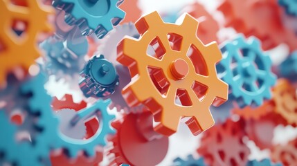 Colorful 3D gears in motion, forming a playful and dynamic mechanical design on white