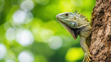 Obraz premium animals reptiles migration Concept. A vibrant iguana rests on a tree trunk, surrounded by lush green foliage, showcasing its textured skin and distinct features in a natural setting.