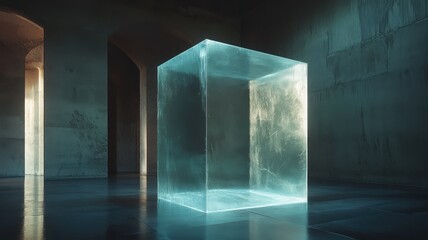 A translucent cube sits in a dimly lit space, reflecting light and shadows, creating an ethereal atmosphere.
