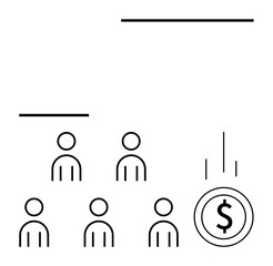 Five people icons with a descending dollar sign representing value generation and teamwork. Ideal for business growth, investment, team efforts, productivity, revenue, fundraising, and collaboration