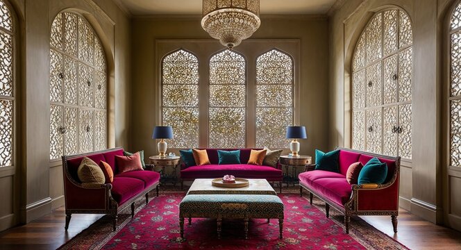 Indian Mughal style interiors with intricate jaali screens and jewel toned upholstery