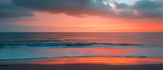 Fototapeta premium Cinematic sunlit sky, with beautiful colors. Dreamlike fantasy sunset close to the ocean, natural scene with beautiful colors. Wide scale panoramic image