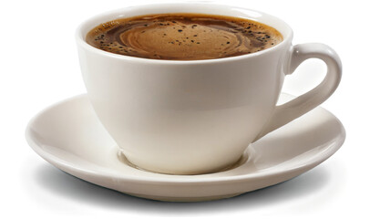 White coffee cup and saucer with dark liquid, on transparent background.