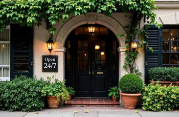 Entrance features elegant design, lush plants, and a welcoming open sign, inviting guests to explore anytime