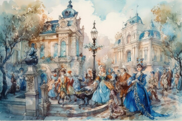 Obraz premium a lively urban scene featuring people dressed in luxurious Renaissance attire. 