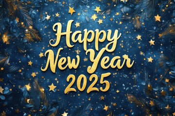 A festive design featuring "Happy New Year 2025" in glittery gold against a deep blue background adorned with stars and holiday motifs.