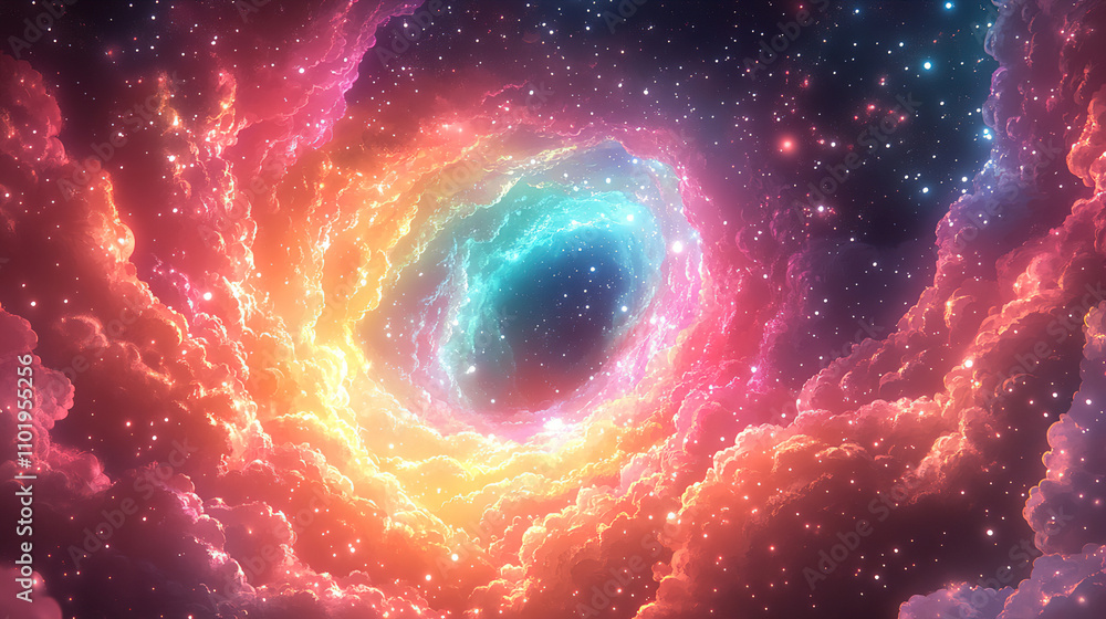 Poster vivid cosmic swirl with colorful clouds and sparkling stars depicting a mesmerizing nebula in the va
