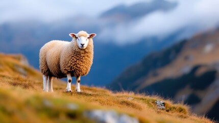 Obraz premium A single sheep stands confidently on a rocky mountain slope, surrounded by a backdrop of grand mountains and a moody, overcast sky, embodying resilience and strength.