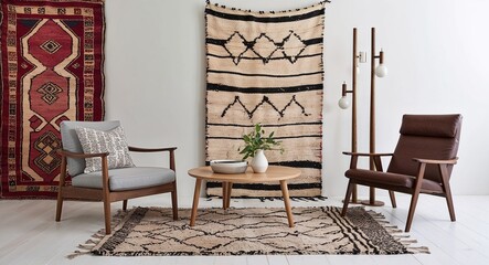Layered patterns and textures combining Moroccan rugs with Scandinavian inspired minimalist furniture