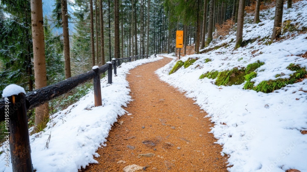 Poster a snowy pathway winds through a dense forest with a wooden fence on one side, while patches of moss 