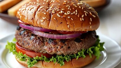 A delicious burger sits on a plate, featuring a well-cooked beef patty topped with fresh lettuce, tomato, red onion, and sesame seed bun, perfect for a casual meal.