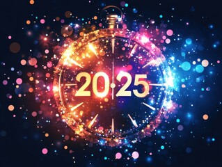 A vibrant clock displays "20:25" amidst a sparkling background of colorful lights, symbolizing celebration and the passage of time.