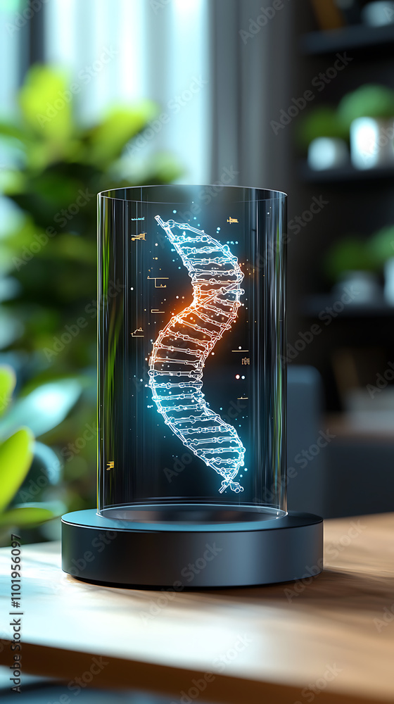 Poster interactive virtual dna sequencing hub display modern office holographic content technological envir