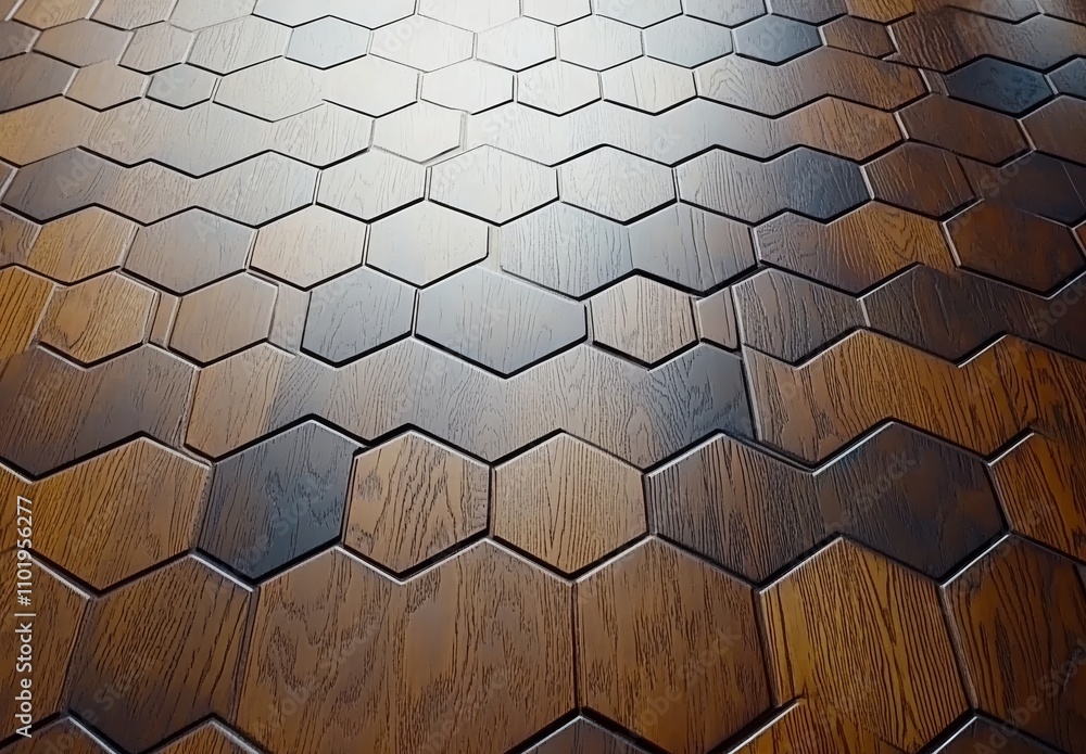 Poster a continuous wooden wall adorned with a hexagonal pattern set against a wood-textured backdrop.