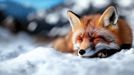 Obraz premium A peaceful image capturing a fox contently resting in the snow as dreamy flakes of snow fall around, illustrating tranquility in a winter wonderland.