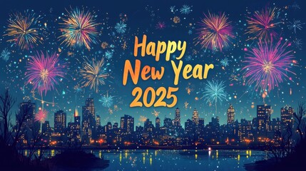 A vibrant New Year celebration scene featuring colorful fireworks over a city skyline, welcoming 2025 with joy.