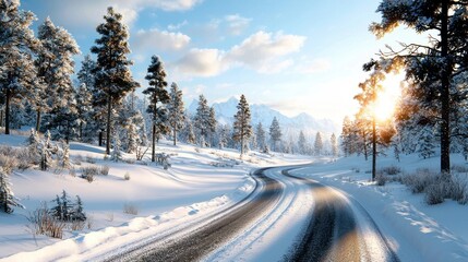 Serene snowy landscape with winding winter road cutting through a frozen forest of evergreen trees  Picturesque winter wonderland scene with pristine snow covering the ground and branches