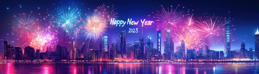A vibrant city skyline illuminated by colorful fireworks, celebrating New Year's Eve with a festive "Happy New Year" message.
