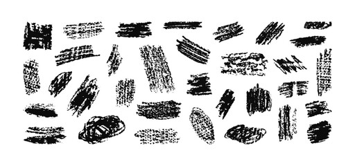 Chalk Pencil squiggles, wide strokes and hatching. Scribble textboxes vector set. Hand drawn black charcoal scribbles. Sketches and hand drawn frames. Scrawl elements isolated on white background.