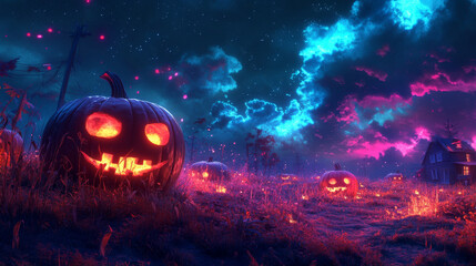 Naklejka premium spooky Halloween scene featuring glowing pumpkins in dark, atmospheric landscape with starry sky and colorful clouds. eerie ambiance evokes sense of mystery and excitement