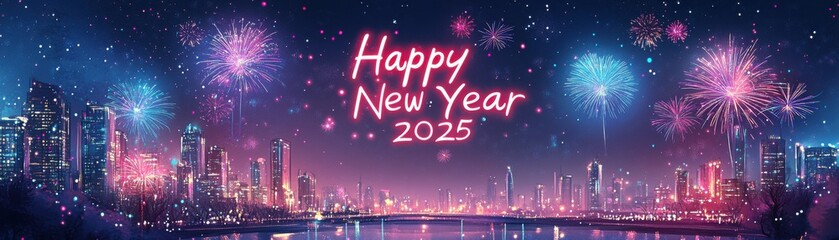 A vibrant New Year celebration scene with fireworks illuminating a city skyline and "Happy New Year 2025" text.