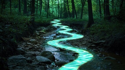 Obraz premium Enchanted Forest Stream with Winding Crystalline Creek Flowing Amidst Lush Green Foliage