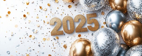 A festive arrangement featuring the year 2025, adorned with shiny golden, silver, and glittery decorations, perfect for New Year's celebrations.