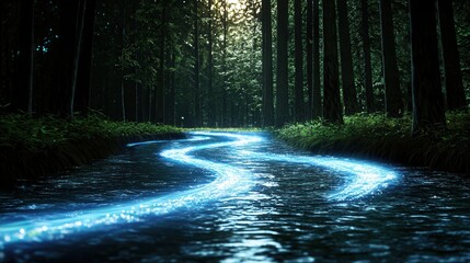 Glowing Enchanted Forest Stream Flowing Through Lush Woodland Landscape