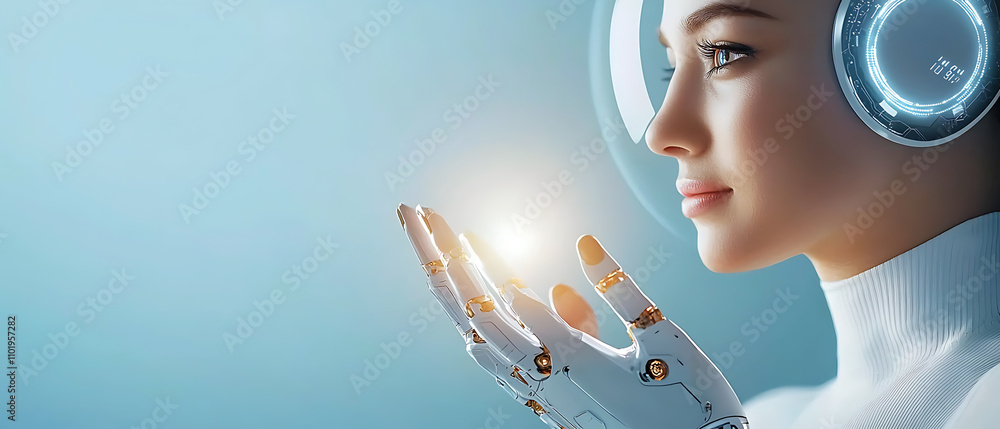 Poster virtual financial assistant interaction futuristic setting holographic screen innovative environment