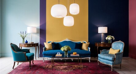 Mixing modern lighting fixtures with vintage inspired furniture and unexpected color combinations