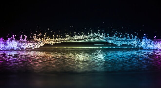 colorful water splash on dark background with reflections