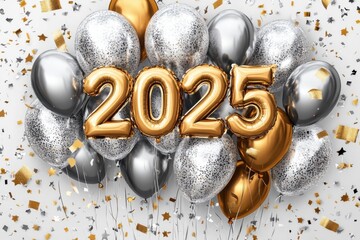 Colorful balloons and confetti celebrate the New Year 2025, featuring shiny gold and silver tones, creating a festive atmosphere.