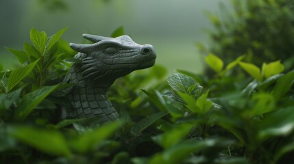 Obraz premium Mystical dragon statue in lush forest garden on a tranquil spring morning